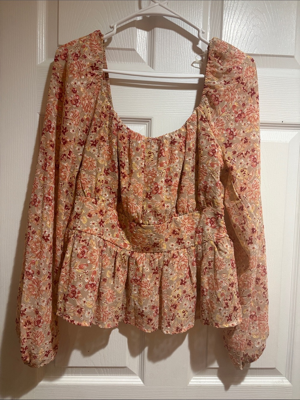 Floral Peplum Long-Sleeve Blouse - Cream Pink Floral